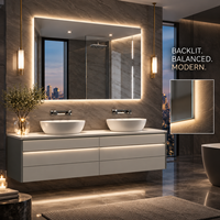 Ensemble de meubles-lavabos de salle de bain en contreplaqué flottant blanc de 150 cm, sur mesure, avec double vasque blanche et éclairage LED pour hôtel