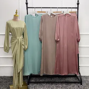 Dubai Türkei Islamische Kleidung Bescheidene Abend Frauen Langes Kleid Seiden satin Abaya Frauen Muslimisches Kleid