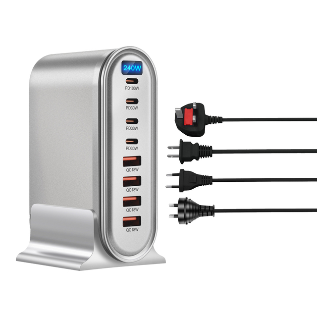 240W GaN High-Power Desktop Charging Station Multi-Ports Fast Charging Adapter 4U4C Travel Block Charger with Digital Display