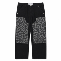 Pantalon ample en denim noir délavé personnalisé pour homme, avec double genouillère, broderie masque Hannya, patchwork nuage, coupe large, style streetwear