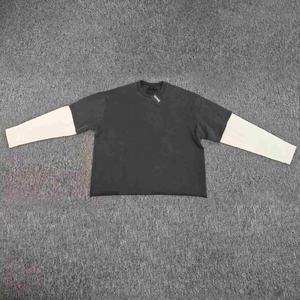 T-shirt imprimé personnalisé coton vintage déchiré double couche à manches longues gaufré haut en détresse pierre délavé à l'acide t-shirt - Product Image 5