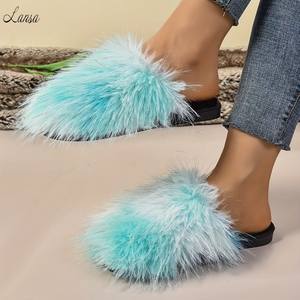 Dernière belle cravate Dey imprimer Pom Pom fausse fourrure bout fermé pantoufles plates pour femmes automne hiver coton peluche <span class=keywords><strong>Mohair</strong></span> maison pantoufles - Product Image 3