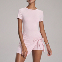 Robe Courte Femme 2-en-1 à Manches Courtes et Col Rond, Jupe-short Cache-cuisse Irrégulière à Nœud, Décontractée pour le Tennis et l'Entraînement