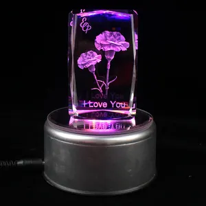 독특한 3D 카네이션 레이저 조각 크리스탈 큐브 LED 빛 밤 선물 어머니의 날 엄마 선물