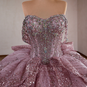 261059 ชุดราตรีสีชมพูปักลายออร์แกนซ่าแบบเปิดไหล่ คอรูปหัวใจ แต่งระบาย - Product Image 5