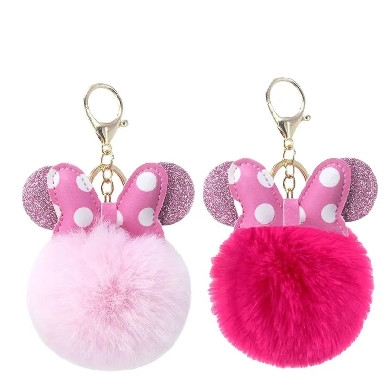 2022 New PU Bowknot Fur Ball Keychain Pom Poms Shiny Fluffy Ball Key Chain For Girl Women