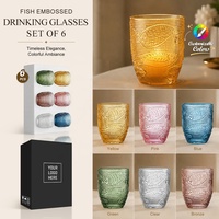 Ensemble de verres à eau vintage en verre gaufré motif poisson, verres à boire colorés pour la vente en gros, les bars et la vente au détail