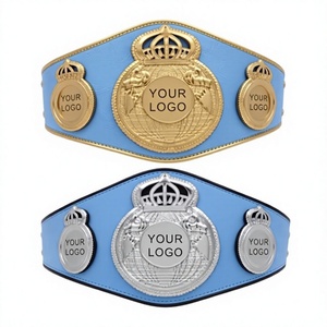 Cinturón de Campeonato de Boxeo Personalizado, Cuero PU Azul, Logotipo Metálico Plateado y Dorado, Karate, Judo, Transpirable, Trofeo de Artes Marciales - Product Image 1