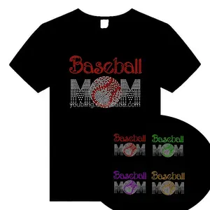 Camiseta de beisebol MOM de 6 cores personalizada com desenho de transferência de strass para uso em tranferências de ferro com strass