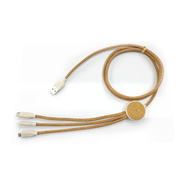 Custom Logo Eco Friendly Cork Wheat Straw 1m 3 In1 Adapters Power Cables USB Charger Data Cable