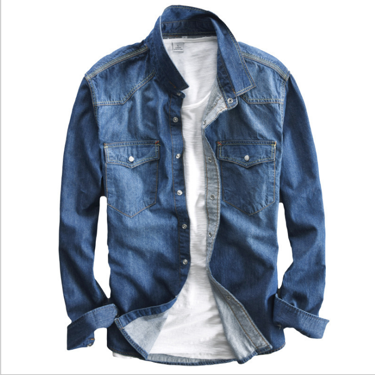 Latest Young Mens Two Pockets With Flaps Slim Fit Long Sleeve Washed Denim Jeans Shirt