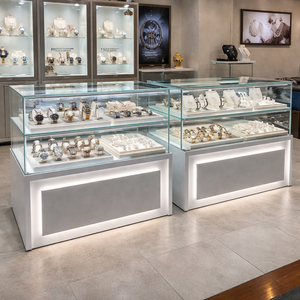 Vitrine <span class=keywords><strong>de</strong></span> Présentation <span class=keywords><strong>de</strong></span> Bijoux sur Mesure en Verre Sans Cadre, Haut <span class=keywords><strong>de</strong></span> Gamme, avec Éclairage LED Verrouillable Blanc Brillant pour Magasin - Product Image 1