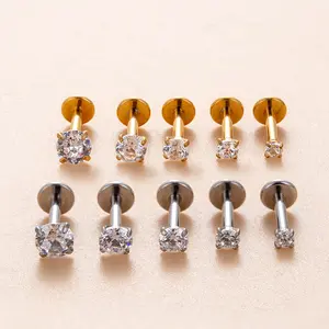 2-4MM Flat Bottom Push Pin 16GX6MM Insert Shank Thread Lip Ring Stainless Steel Four Claw Set Round Zirconia Piercing Jewelry