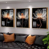 Dekorasi dinding ruang tamu motif bunga latar belakang hitam, mural kombinasi tiga potong, grosir pabrik