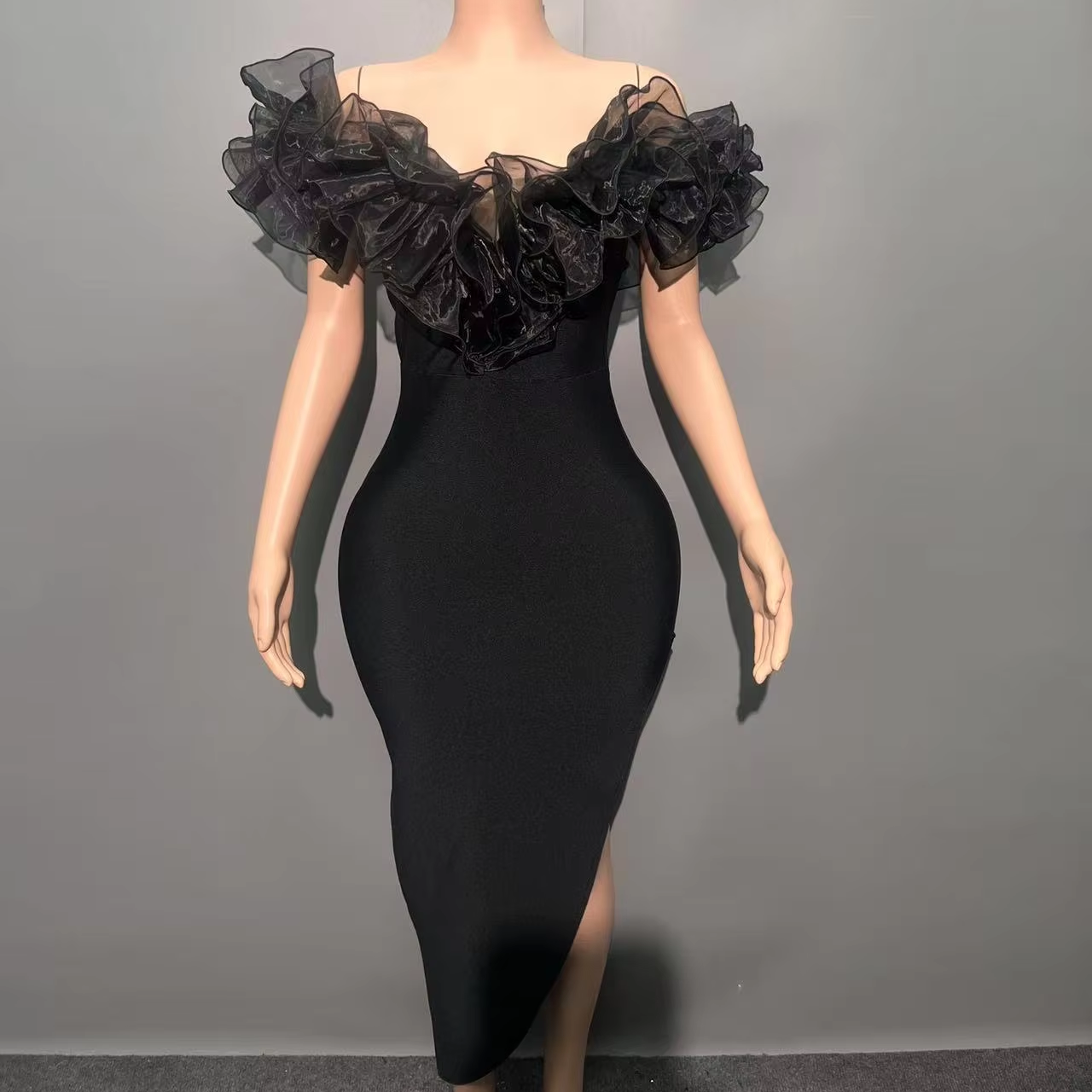 Off the Shoulder Black Dress with Slit