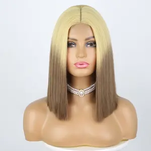 Ombre Blonde Short Straight Bob Synthetic Wigs for Women Black Pink Purple Red Grey Blunt Cut Natural Hairline Wigs
