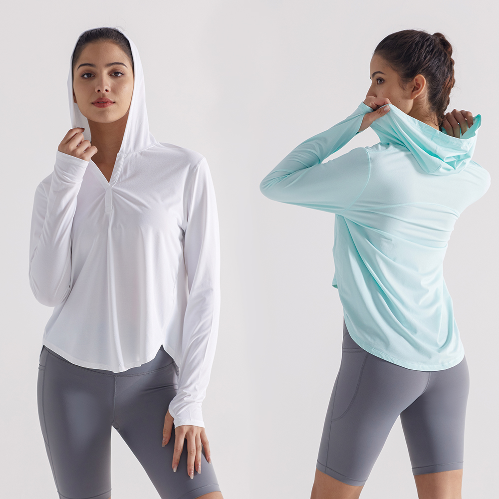 OEM Women Sun Protection Workout Hoodie Quick Dry Yoga Top Four Way Stretch Activewear Fabric Sportswear Fitnesswear