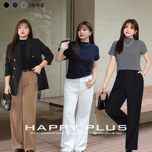 Camiseta de Manga Corta con Cuello Alto para Mujer Happy Plus, Talla Grande, Tejida, de Color Sólido, Clásica, en Negro, Gris y Azul Marino - Product Image 1