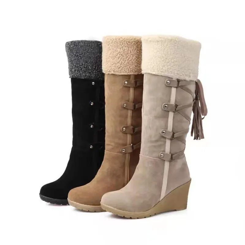 Fall and Winter New tassels casual warm women chunky boots outdoor solid color slip-on snow boots women shoes 2024