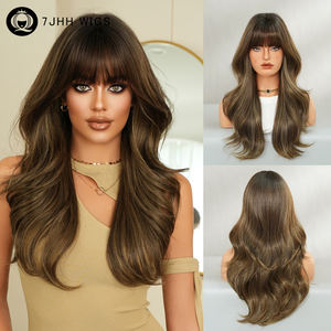 Perruque synthétique résistante à la chaleur pour femmes de 24 pouces <span class=keywords><strong>avec</strong></span> style de vague naturelle, brun fluorescent, <span class=keywords><strong>cheveux</strong></span> bouclés de longueur moyenne et <span class=keywords><strong>frange</strong></span> - Product Image 2