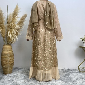1711# Luxury Leaves <b>Sequins</b> With Chiffon Bottom Cardigan Match All Occasion Muslim Open Abaya - Product Image 6