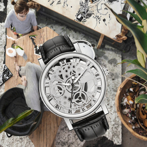 Reloj de cuarzo esquelético para hombre, correa de cuero, reloj de pulsera redondo, estilo de vestir para negocios - Product Image 2
