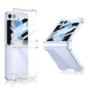 Casing ponsel Samsung Galaxy Z Flip 5, casing Flip 5 dengan kaca depan dan engsel perlindungan penuh, pelindung ponsel lipat