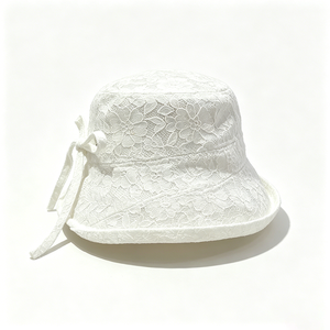 Women's <b>White</b> <b>Lace</b> Bucket Hat with Bow Breathable Floral Embroidery Sun Protection Fisherman Cap for Summer Beach Travel - Product Image 4