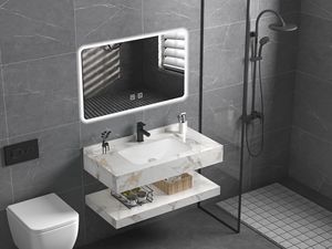 Meuble-lavabo mural moderne avec double vasque intégrée en marbre <span class=keywords><strong>et</strong></span> miroir LED pour petite <span class=keywords><strong>salle</strong></span> <span class=keywords><strong>de</strong></span> <span class=keywords><strong>bain</strong></span> - Product Image 3