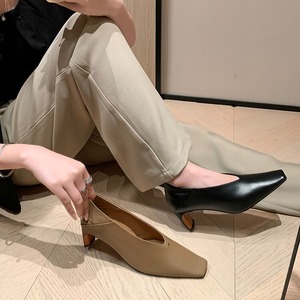 Chaussures basses à bout rond pour femmes, nouveau style printemps, rétro, couleur unie, talon rond, chaussures basses à talons hauts pour femmes - Product Image 1