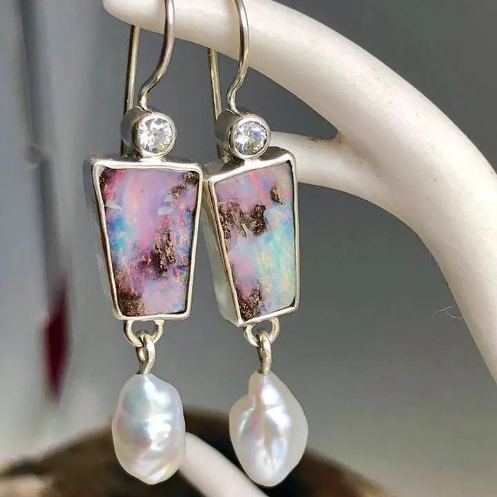 Round Vintage Fashion Jewelry Dangling Jewelry Colorful Hanging Opal Pearl Ladies Engagement Drop Earrings Women