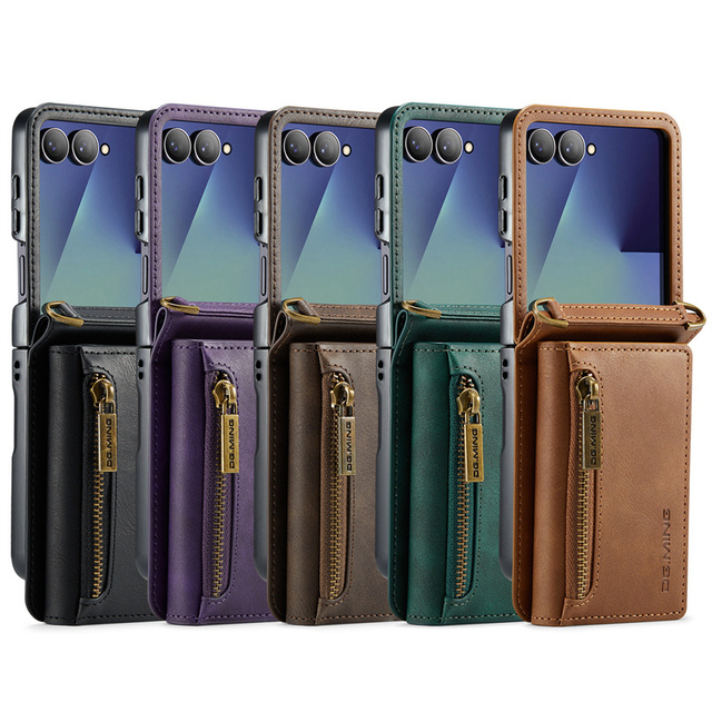 For Samsung Z Flip 8 Phone Case Card Holder Crossbody Shoulder Strap Stand Zipper PU Leather Wallet Cover for Samsung Z Flip 7 6