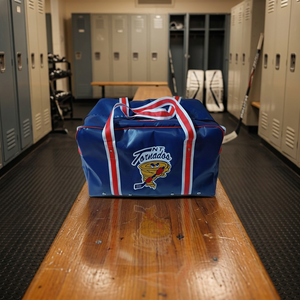 Bolsa de lona azul de PVC con correas rojas y blancas, cierre de cremallera para artículos deportivos - Product Image 2