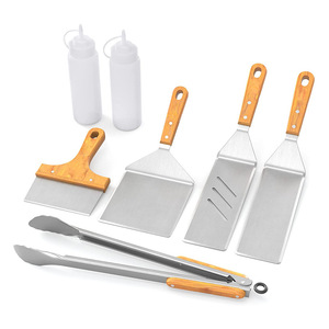 Juego de espátulas para freír de acero inoxidable con mango de madera, 6 piezas, utensilios de cocina para cocinar panqueques y teppanyaki - Product Image 1