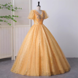 Turmeric Long Evening Gown Women Stage Performance Puff Skirt Vocal Music Host Costume Polyester Fabric Adult Size 12-15 - Product Image 3