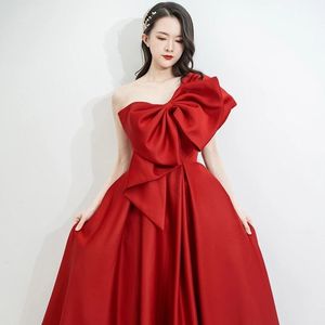 Women's Pink Satin Off The Shoulder Evening Gown A Line Empire Waist One Shoulder Bow Design Toast Dress - Product Image 3