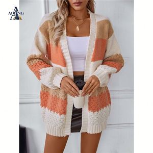 <span class=keywords><strong>Cardigan</strong></span> en tricot de luxe pour femme, à rayures, à manches longues, à blocs de couleurs, texturé, chaud, à ouverture frontale, vente en gros - Product Image 4