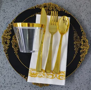 Barok altın jant temizle üstün kalite gül altın jant tek kullanımlık plastik yemek takımı takım