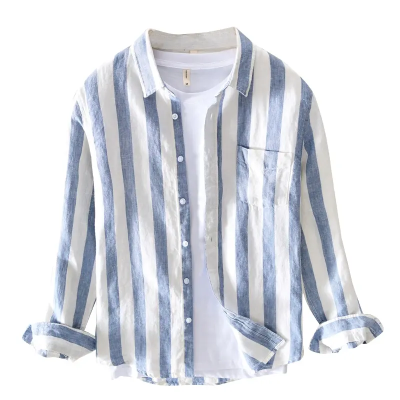Custom oversized down button full sleeve long vertical striped linen mens shirt 2022