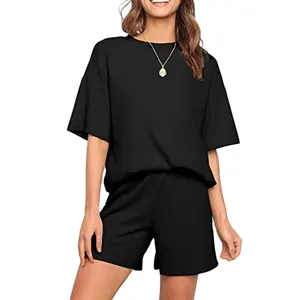 New Trendy Summer custom plain blank round neck Casual Rib twp pieces top and bottom for women's t shirt and shorts set