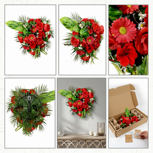 Ramo de Rosas Rojas Artificiales, Guirnalda Decorativa y Arreglo Floral con Hojas Verdes para Decoración del Hogar y Bodas - Product Image 6