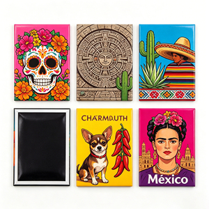 Imanes de nevera de hojalata con diseño de recuerdo mexicano, regalo de viaje personalizado, imanes metálicos de arte folclórico mexicano para refrigerador - Product Image 1