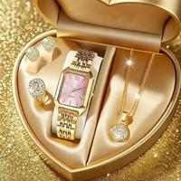 Coffret Cadeau 4 Pièces Montre Quartz Femme, Collier Diamant, Boucles d'Oreilles et Bague en Strass Doré – Idéal pour Salons Professionnels et Événements Promotionnels