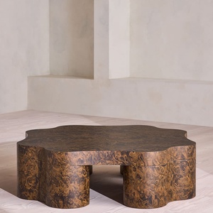 Table basse sur mesure en placage de bois de ronce de style Mid-Century, forme irrégulière organique, base en bois massif, pour salon et canapé - Product Image 4