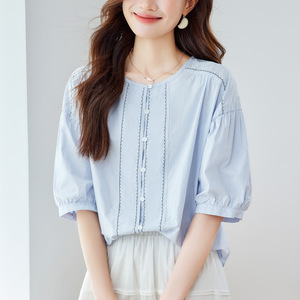 Chemise en coton bleu clair pour femme, manches courtes, nouvelle collection été 2026, coupe ample, manches lanternes, 100% coton - Product Image 2