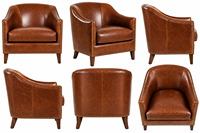 Fauteuil lounge en cuir marron de designer avec accents cloutés en laiton, accoudoirs larges et rembourrage élégant pour salons haut de gamme