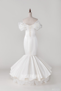 Véritable <span class=keywords><strong>robe</strong></span> de mariée décontractée de plage de trompette de longueur <span class=keywords><strong>midi</strong></span> de fleur d'épaule avec le <span class=keywords><strong>voile</strong></span> libre de rosette - Product Image 2
