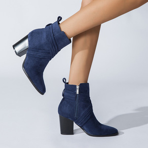 Bottines pour femmes en daim à bout carré, talon épais, fermeture éclair arrière, tendance automne - Product Image 1