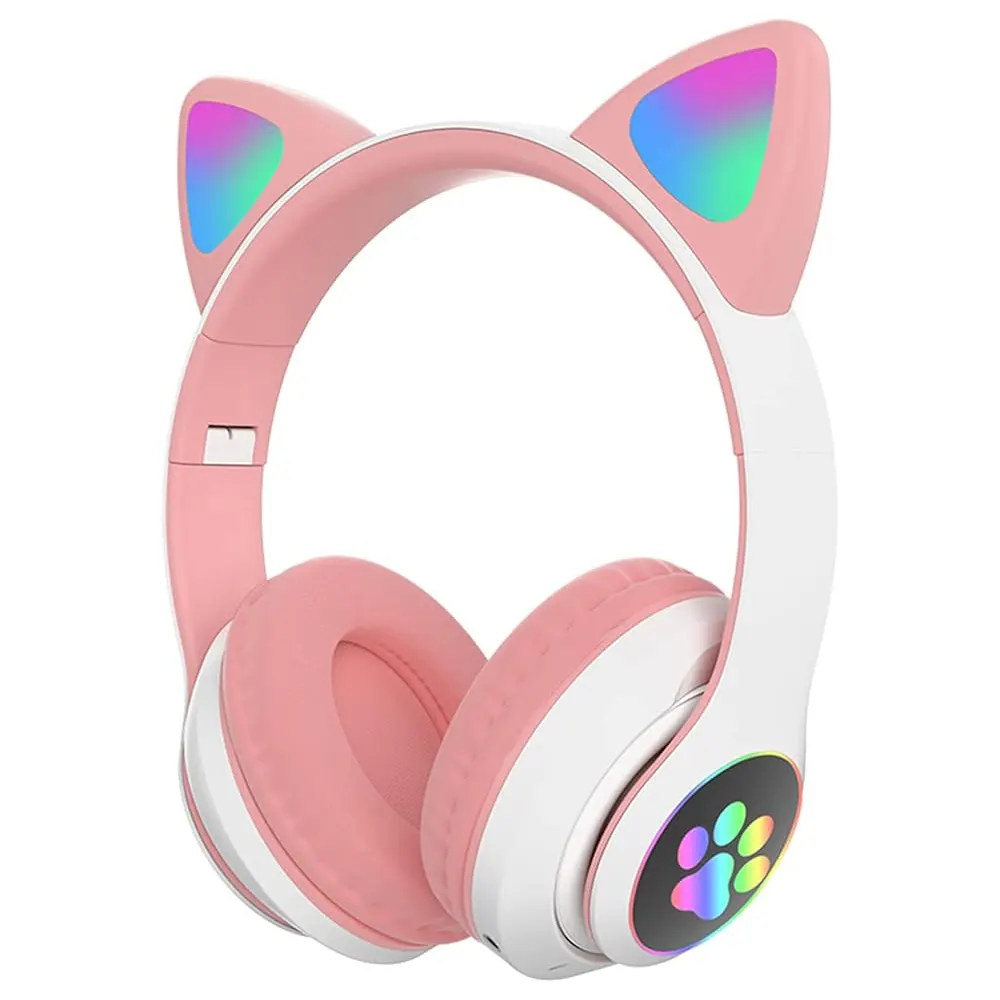 Headphone nirkabel telinga kucing, headphone Bluetooth pencahayaan LED warna-warni dapat dilipat