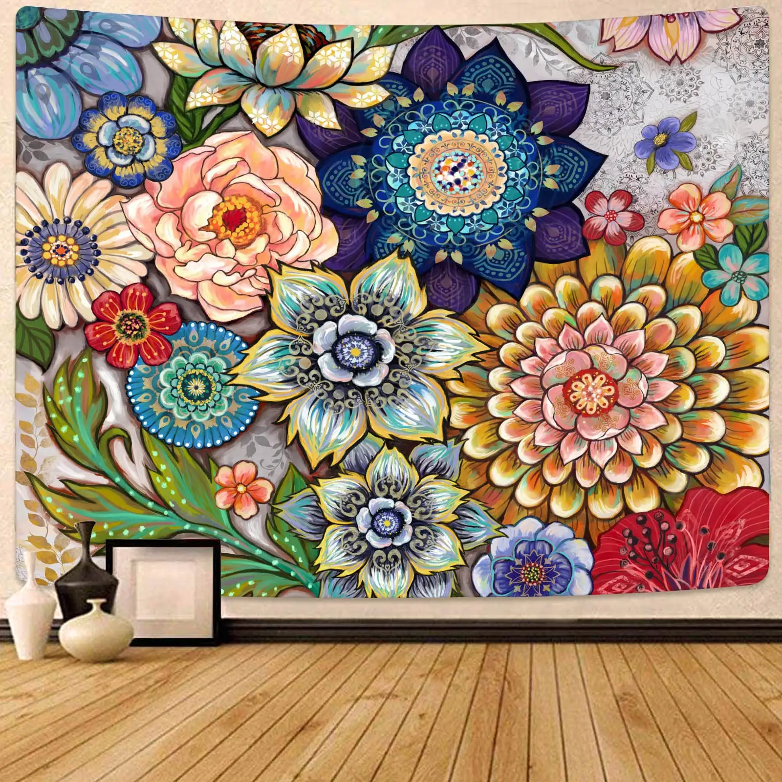 Colorful Floral Tapestry Wall hanging, Bright Boho Fabric Blossom Tapestries, Multi Color Tapestry for Bedroom Home Hippie Wall